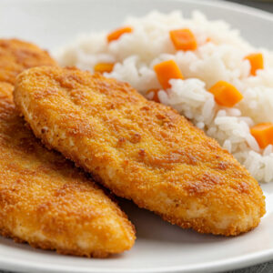 Panados de frango c/ arroz de cenoura