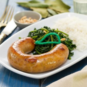 Alheira no forno c/ arroz e grelos
