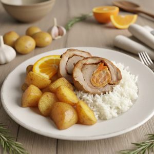 Roti de carne e farinheira c/ arroz e batata assada