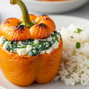 Pimento recheado de espinafres e ricota c/ arroz