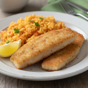 Filetes de pescada c/ arroz de cenoura